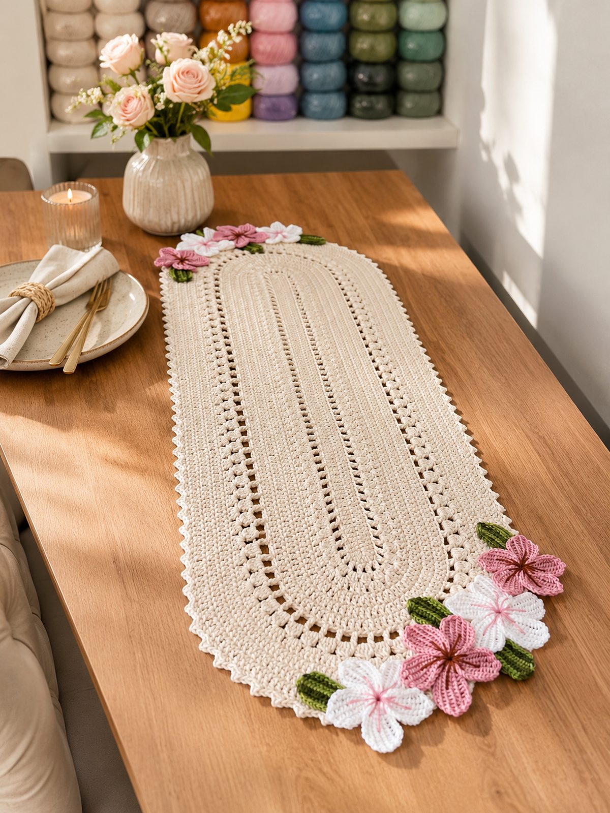 Trilho de Mesa Ester — peça de crochê com flores aplicadas nas extremidades
